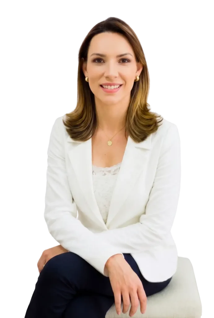 Fotografia profissional da Dra. Thaís Cabral, dermatologista sorrindo e vestindo jaleco branco. Atendimento especializado em dermatologia clínica e estética avançada no centro de Americana, SP.